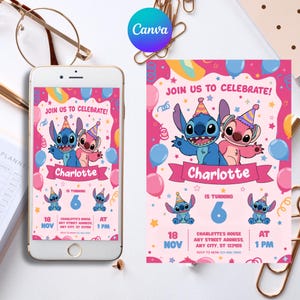 Stitch Birthday Party Invitation Template, Editable Cartoon Bday Evite & Fun Canva Design for Kids Party, Instant Download