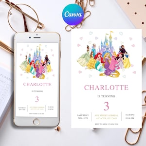 Watercolor Girls Princess and Friends Birthday Party Invitation, Digital Self-Editable Canva Template, All Princesses Party Invites