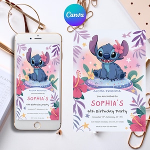Stitch Birthday Party Invitation Template, Editable Cartoon Bday Evite & Fun Canva Design for Kids Party, Instant Download