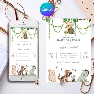 Classic Winnie the Pooh Baby Shower Invitation, Winnie The Pooh Gender Neutral Baby Shower Invite, Boho, Floral, Pooh Baby Shower Ideas