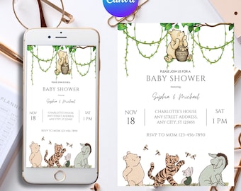 Classic Winnie the Pooh Baby Shower Invitation, Winnie The Pooh Gender Neutral Baby Shower Invite, Boho, Floral, Pooh Baby Shower Ideas