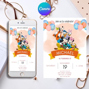 Editable Mickey Mouse Birthday Invite, Boys & Girls Birthday Evite, Cute Mouse Evite, Digital Birthday Invitation, Canva Birthday Party