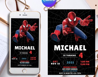 Plantilla de invitación de cumpleaños de Spiderman: Fiesta de superhéroes editable (Descarga digital, plantilla Canva de 13x18 cm)