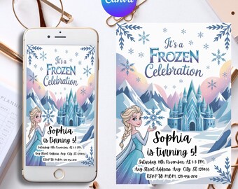 Frozen Electronic Invitation, Frozen Kids Birthday Invitation, Digital Canva Template, Anna Elsa Olaf Party Invitation, Download Digital