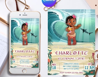 Invito di compleanno per Baby Moana, invito di compleanno digitale modificabile per Baby Moana, invito per festa a tema per bambini, modello digitale per Baby Moana