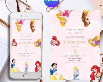 Princess Birthday Invitation: Pink & Gold, Editable Canva Template (Digital Download