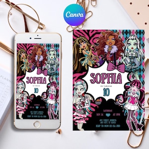 Convite para festa de aniversário de monstro, convite para aniversário de Halloween para meninas, convite para festa de boneca de monstro, modelo de aniversário do Canva, download digital