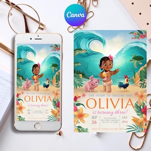 Baby Moana Geburtstagseinladung, bearbeitbare digitale Hawaiian Moana Geburtstag einladen, Kinder Thema Party Einladung, digitale Baby Moana Vorlage