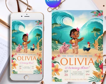 Invito di compleanno per Baby Moana, invito di compleanno digitale modificabile per Baby Moana, invito per festa a tema per bambini, modello digitale per Baby Moana