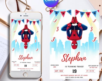 Invitación de cumpleaños editable de Spiderman, plantilla de Canva, tarjeta de cumpleaños infantil, descarga digital, plantilla editable