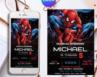 Invitación de Spider-Man, invitación digital para fiesta de cumpleaños de Spider-Man, tarjeta de cumpleaños infantil, descarga digital, plantilla editable