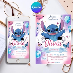 Stitch Editable Birthday Invitation Template, Printable Birthday Invitations, Digital Kids Party Invite, Digital Bday Card Invite, Stitch