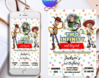 Modèle d'invitation d'anniversaire modifiable à l'infini et au-delà, invitations de fête d'anniversaire Toy Story, invitation numérique à une fête d'enfants