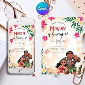 Moana Birthday Invitation, Printable Maui Party Invite, Tropical Girl Birthday Beach Invite, Ocean Invitation Editable Canva Template