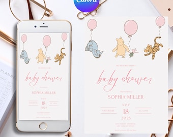 Winnie-the-Pooh Baby Shower Invitation, Classic Winnie Pooh Baby Shower Winnie-the-Pooh Invitations, Baby Shower Winnie-the-pooh Vertical