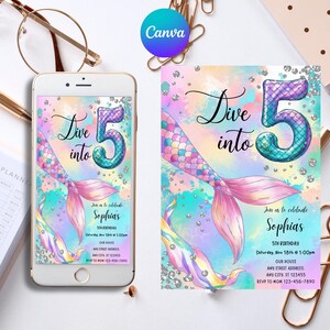 Dive Into Five Mermaid Invitation, Pink Girl 5th Birthday Invite, Editable Template, Pastel Under the Sea Theme, Instant Download
