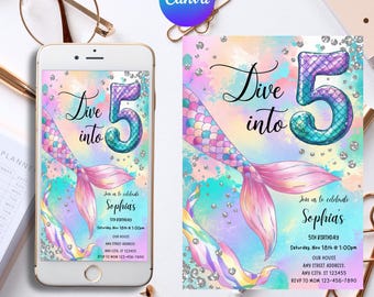 May include: A mermaid tail with iridescent scales and a pink fin is featured on a colorful invitation. The invitation says "Dive into 5" and is for Sophia's 5th birthday. The invitation includes the date, time, and location of the party.