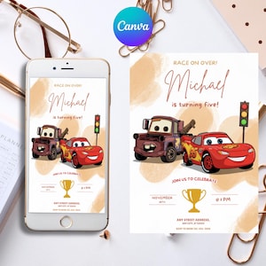 Cars Birthday Party Invitation, Cars Lightning Birthday Invite, McQueen Birthday Party Invitation, Boy 5th Birthday Party Invite