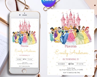 Invitación de cumpleaños de princesa en acuarela, invitación de princesa, invitación de fiesta de princesa, invitación de princesas niñas, pastel dorado, Canva editable