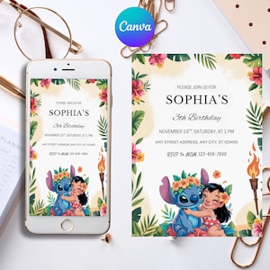 Editable Stitch Birthday Invitation ,Pink Printable Stitch Party Invite, Instant Download Digital Invitation Canva Template for Kids & Girl