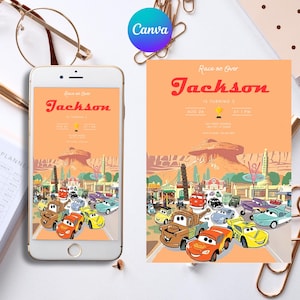 Watercolor Cars Lightning McQueen, Mater Birthday Invitation, Race Invitation, Balloons Invitation, Canva Template