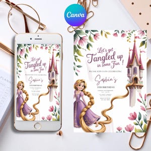 Birthday Invitation Rapunzel Party Invite Princess Theme Canva Templete, Rapunzel Birthday Evite Editable Canva Template
