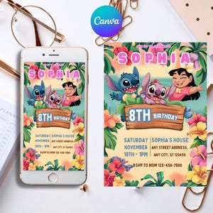 Stitch Canva Birthday Invitation, Editable & Printable Template, Cute Stitch Party Invite, Canva Template, Instant Download
