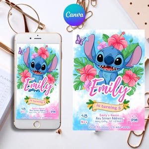 Stitch Birthday Invitation, Stitch Editable & Printable Template, Cute Stitch Party Invite, Canva Editable Template, Instant Download
