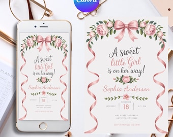 Blush Pink Bow Baby Shower Invitation Editable Elegant Watercolor Coquette Bow Invitation Pink Girl Baby Shower Invite Pink Ribbon Canva