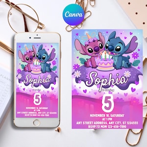 Stitch and Angel Birthday Invitation, Editable Stitch Birthday Invitation, Digital Party Invite, Stitch Birthday Party Invitation Printable