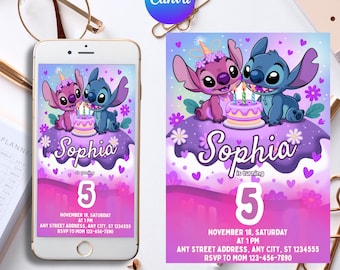 Stitch and Angel Birthday Invitation, Editable Stitch Birthday Invitation, Digital Party Invite, Stitch Birthday Party Invitation Printable
