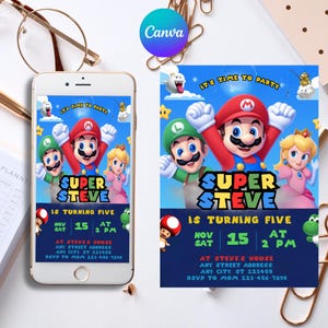Convite de aniversário do Super Mario, modelo de convite de aniversário do Mario para impressão editável, convite do Mario Bros, modelo editável Canva