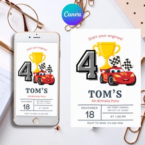 Cars Birthday Invitation Boy, Lightning McQueen Invitation, Kids Birthday Party Invites, Editable & Printable Lightning McQueen Template