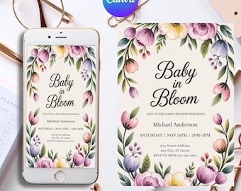 Baby in Bloom Invitation, Butterfly Baby Shower Invitation Girl, Pink Purple Butterflies Wildflower Invite Printable Baby in Bloom Shower
