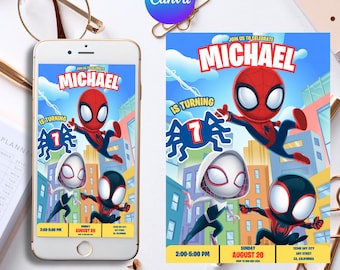 Spider Man Invitation, Spider-man Boys Birthday Party Digital Invitation, Kids Birthday Card, Digital Download, Editable Template Canva