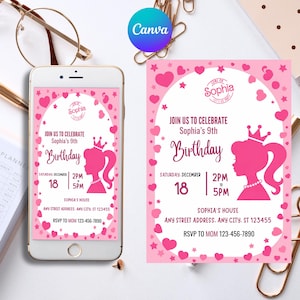Doll Party Invitation, Doll Birthday Party, Hot Pink Birthday Party Invitation, Pink Doll Birthday Invitation, Doll Invitation, Template