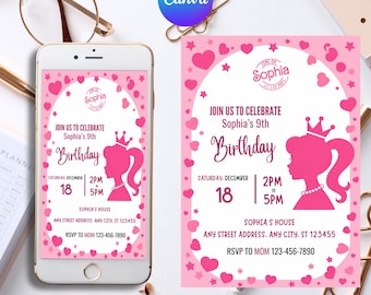 Doll Party Invitation, Doll Birthday Party, Hot Pink Birthday Party Invitation, Pink Doll Birthday Invitation, Doll Invitation, Template