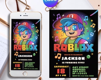 Roblox Invitation, Roblox Invite, Game Party, Roblox Boys Birthday Invitation Template, Game Birthday, Kids Roblox, Editable Template, Canva