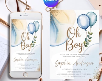 Editable Boy Baby Shower Invitation, Oh Boy Balloon Baby Shower Invite, Blue Balloon Baby Shower Invitation, Instant Download