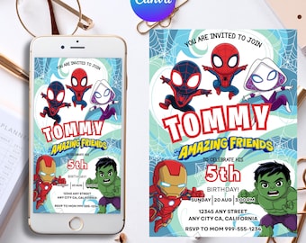 Invitación de cumpleaños de Spidey y sus amigos: Fiesta de superhéroes, plantilla editable de Canva (descarga digital)