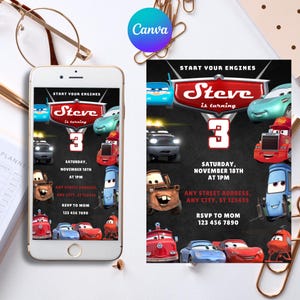 Bearbeitbare Cars-Geburtstagsfeier-Einladung, Cars Lightning-Geburtstags-Einladung, McQueen-Geburtstagsfeier-Einladung, Jungen-Geburtstagsfeier-Einladungsparty