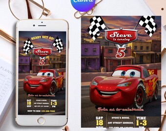 Cars Birthday Invitation, Lightning McQueen Invitation, Kids Birthday Invitation, Editable Personalized Canva Printable Digital Invitation