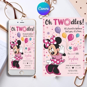 Editable Oh TWOdles Birthday Invitation Digital 2nd Birthday Cute Mouse Second Birthday Invite Oh Twodles Invitiation Boho Minnie Invite