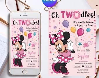 Editable Oh TWOdles Birthday Invitation Digital 2nd Birthday Cute Mouse Second Birthday Invite Oh Twodles Invitiation Boho Minnie Invite