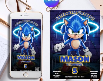 3 Faire-part d'anniversaire Sonic, Super Hedgehog Boys, faire-part de fête Super Sonic, Invitation de fête Super Sonic, modèle d'invitation Sonic modifiable, modèle Canva