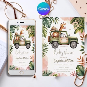 A Little Wild One is on the Way Safari Baby Shower Invitation, Jungle Theme Boy Shower, Greenery Clothesline Invite, Editable Canva Template