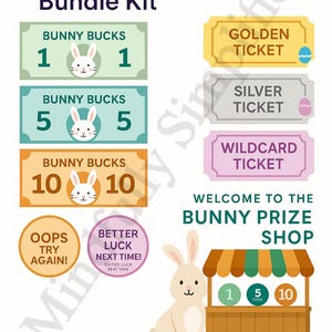 May include: A printable Easter egg hunt and bunny prize shop game kit. The kit includes bunny bucks in denominations of 1, 5, and 10, as well as golden, silver, and wildcard tickets. The kit also includes a printable bunny prize shop sign with a bunny and a prize counter.