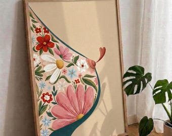 May include: A framed rectangular wall art print featuring a stylized illustration of a breast shape filled with a floral pattern. The design includes red, pink, and white flowers on a light background, bordered by a dark teal curved line.