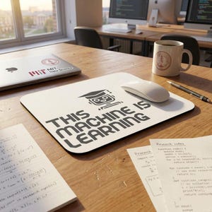 Könnte beinhalten: Ein weißes Mauspad mit dem Text "THIS MACHINE IS LEARNING" in Schwarz und einer Grafik eines Roboters mit Abschlusskappe. Eine weiße Computermaus liegt auf dem Pad. Ein Laptop und eine Tasse stehen ebenfalls auf dem Holztisch.