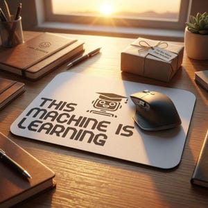 Könnte beinhalten: Eine Computermaus liegt auf einem weißen Mauspads mit dem Text „THIS MACHINE IS LEARNING“ und einer Roboter-Grafik. Die Szene umfasst eine Geschenkbox, Notizbücher, Stifte und eine kleine Topf-Sukkulente auf einem Holzschreibtisch.